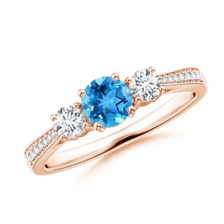 5mm AAA Cathedral Three Stone Swiss Blue Topaz Engagement Ring in 9K Rose Gold