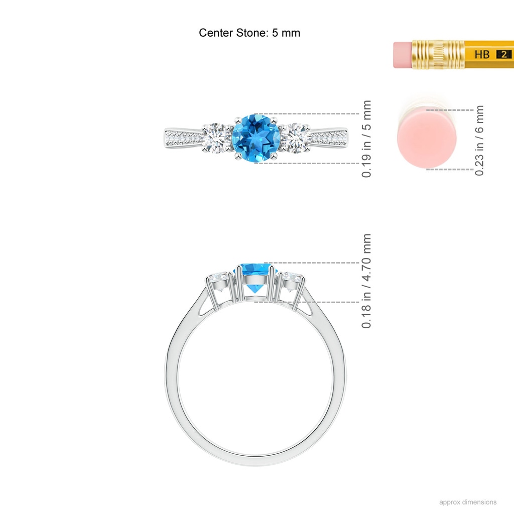 5mm AAA Cathedral Three Stone Swiss Blue Topaz Engagement Ring in White Gold Ruler