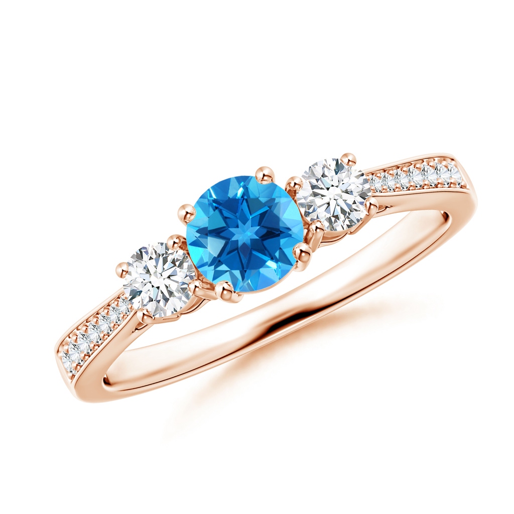 5mm AAAA Cathedral Three Stone Swiss Blue Topaz Engagement Ring in Rose Gold