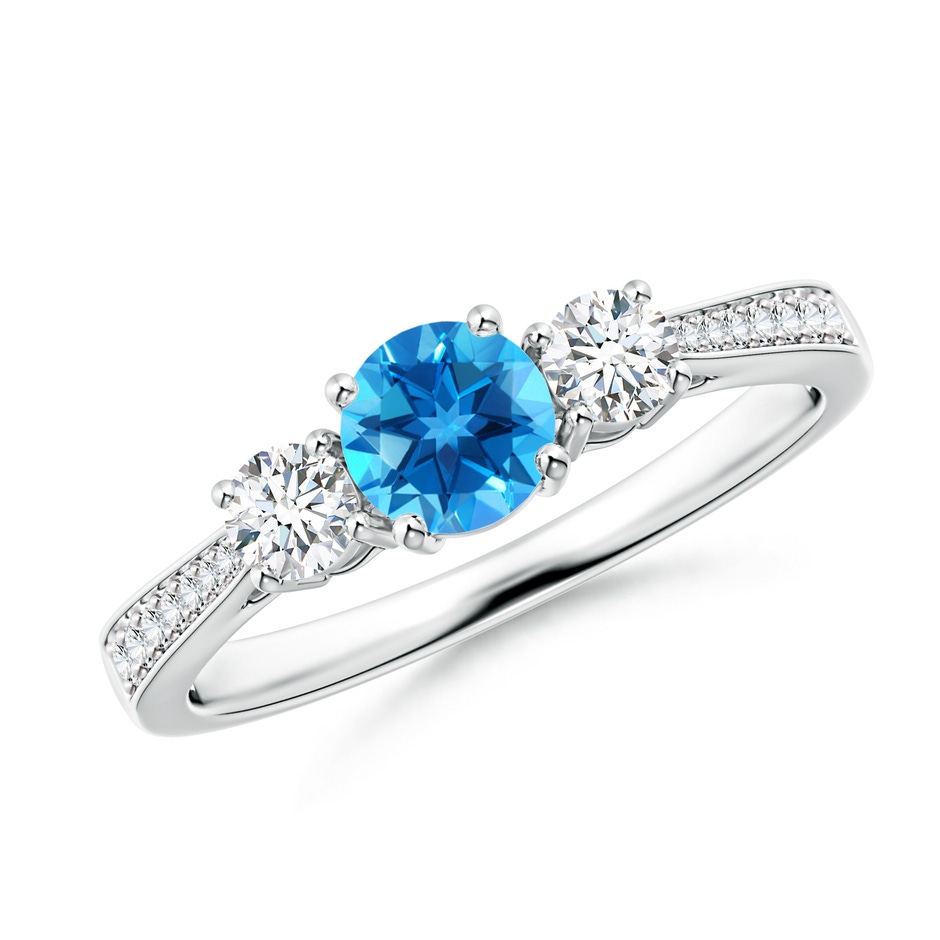 5mm AAAA Cathedral Three Stone Swiss Blue Topaz Engagement Ring in White Gold 