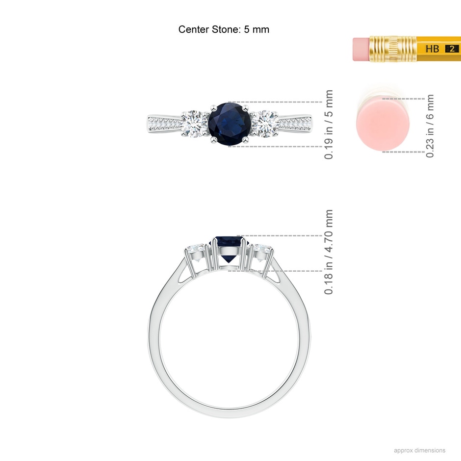 5mm A Cathedral Three Stone Sapphire & Diamond Engagement Ring in White Gold ruler