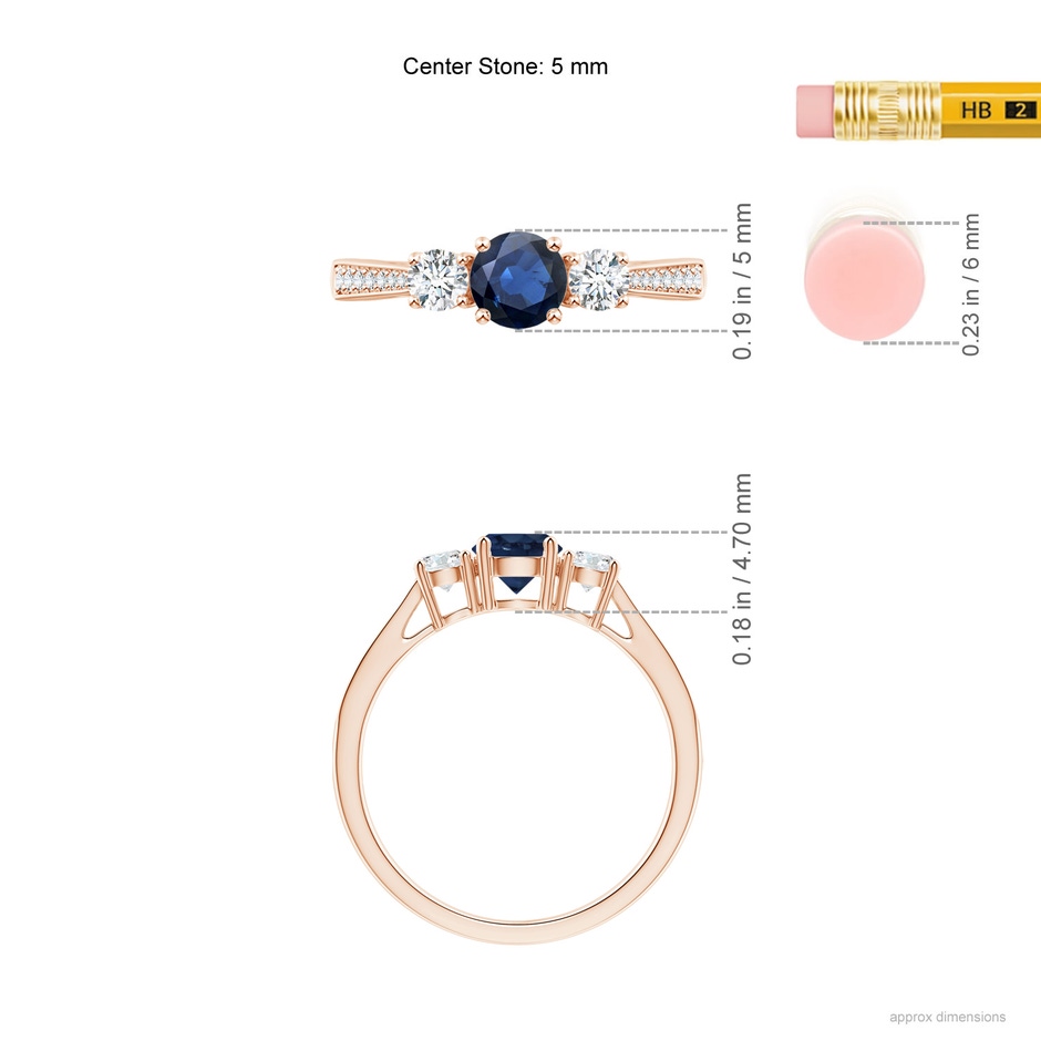 5mm AA Cathedral Three Stone Sapphire & Diamond Engagement Ring in Rose Gold ruler