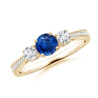 5mm AAA Cathedral Three Stone Sapphire & Diamond Engagement Ring in 9K Yellow Gold