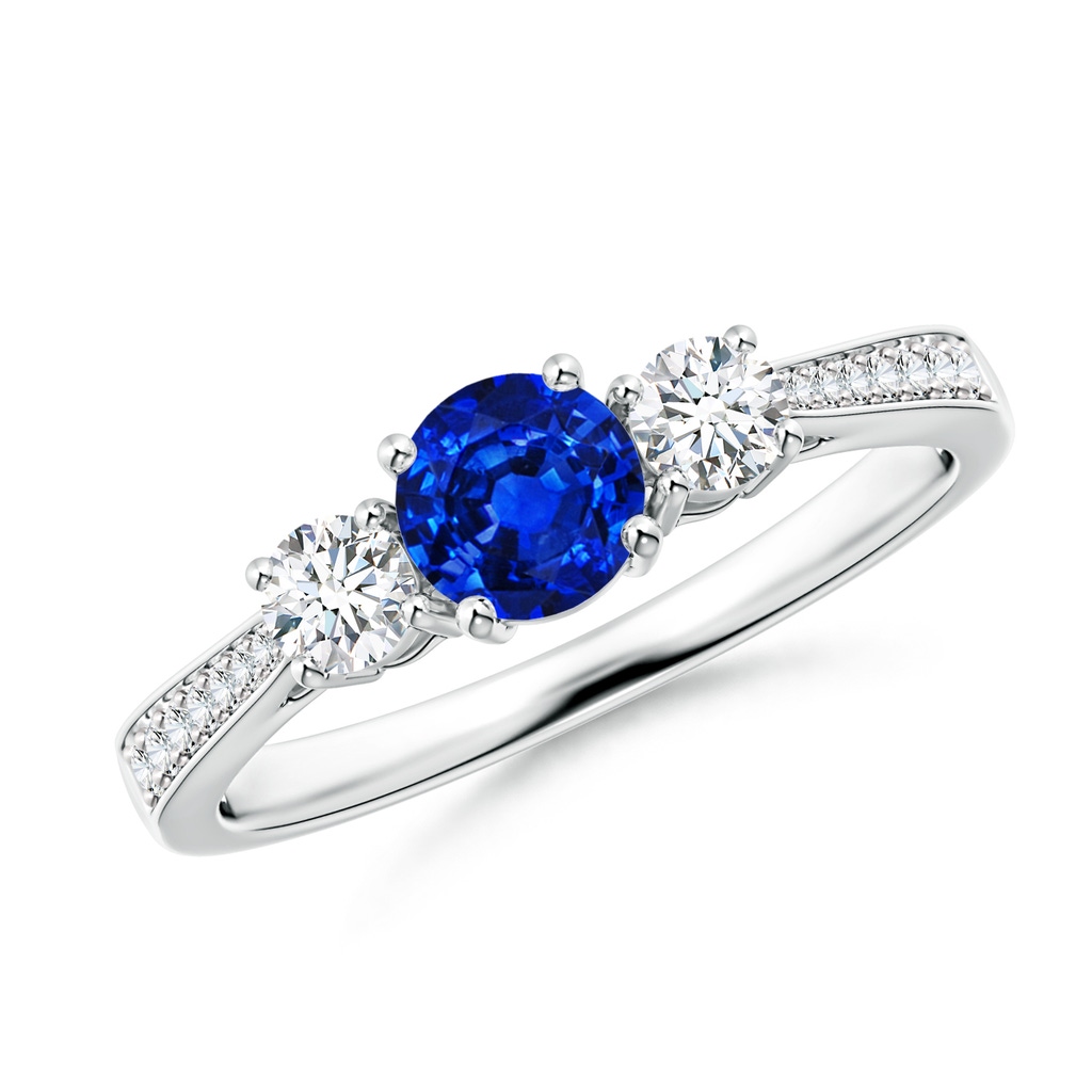 5mm Lab-Grown Cathedral Three Stone Sapphire & Diamond Engagement Ring in White Gold