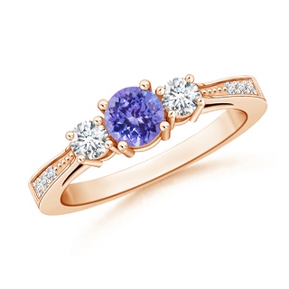 5mm AAA Cathedral Three Stone Tanzanite & Diamond Engagement Ring in Rose Gold