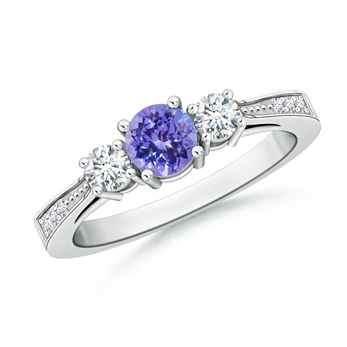 5mm AAA Cathedral Three Stone Tanzanite & Diamond Engagement Ring in White Gold