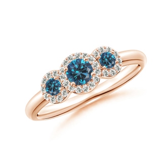 3.8mm AAA Three Stone Blue Diamond Engagement Ring with Halo in Rose Gold