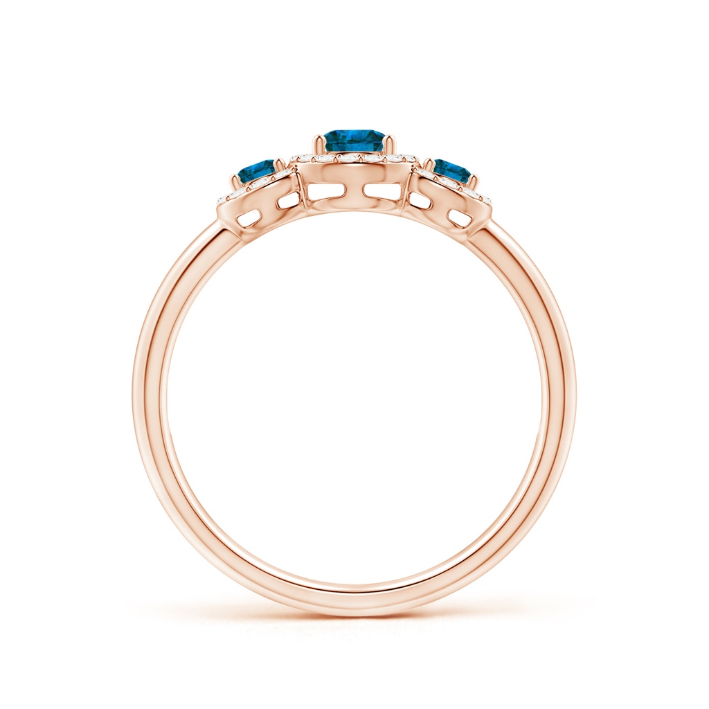 3.8mm AAA Three Stone Blue Diamond Engagement Ring with Halo in Rose Gold Side 1