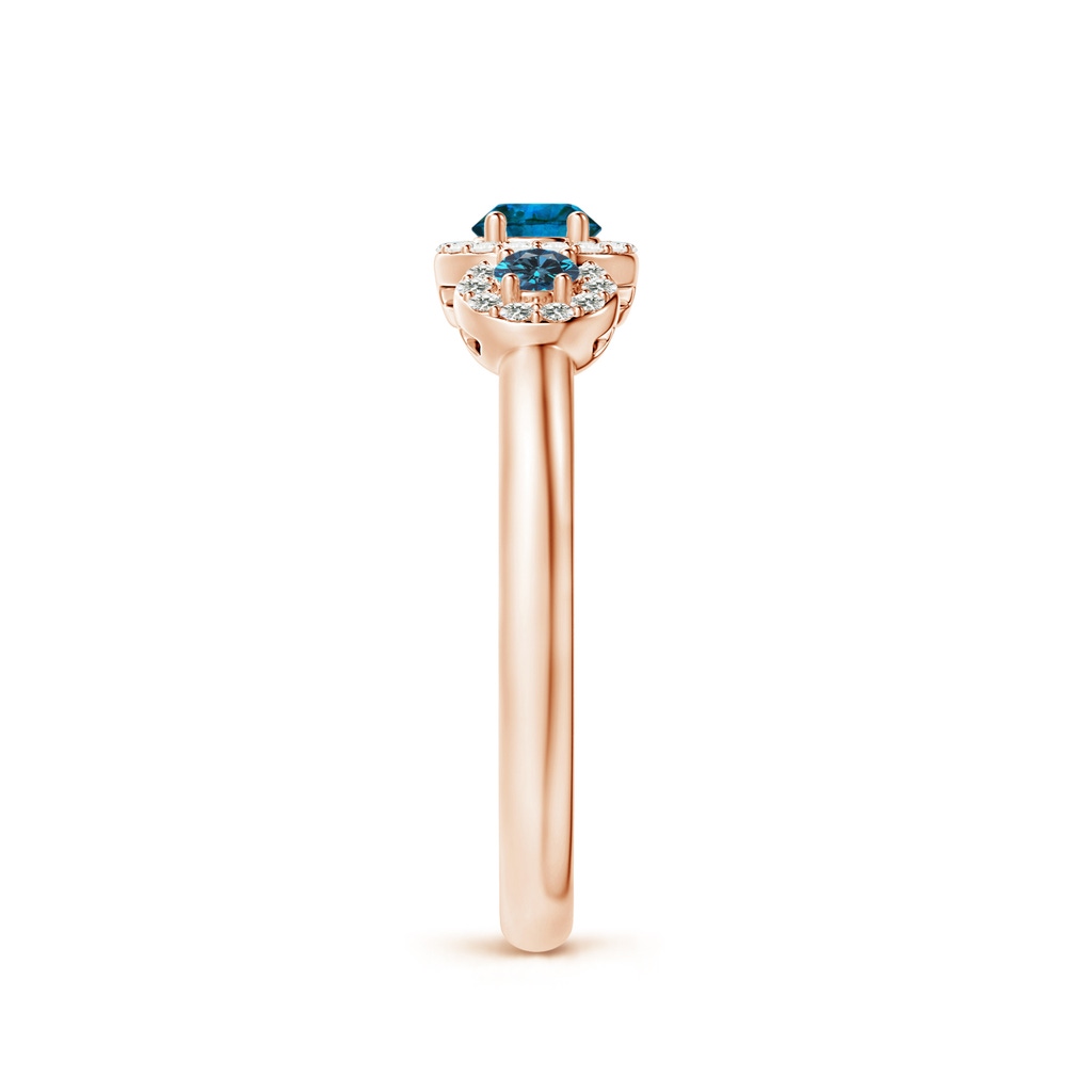 3.8mm AAA Three Stone Blue Diamond Engagement Ring with Halo in Rose Gold Side 2