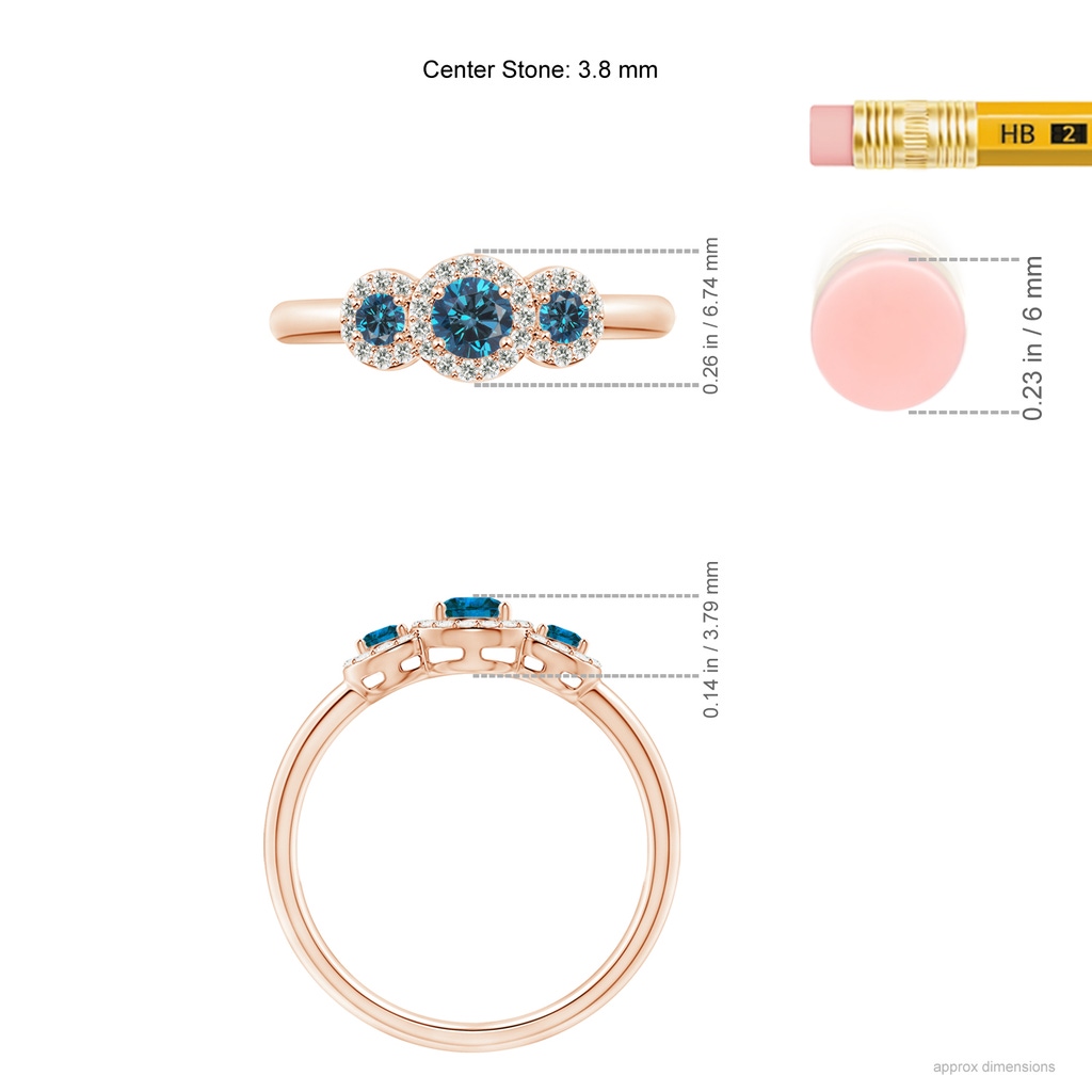 3.8mm AAA Three Stone Blue Diamond Engagement Ring with Halo in Rose Gold Ruler