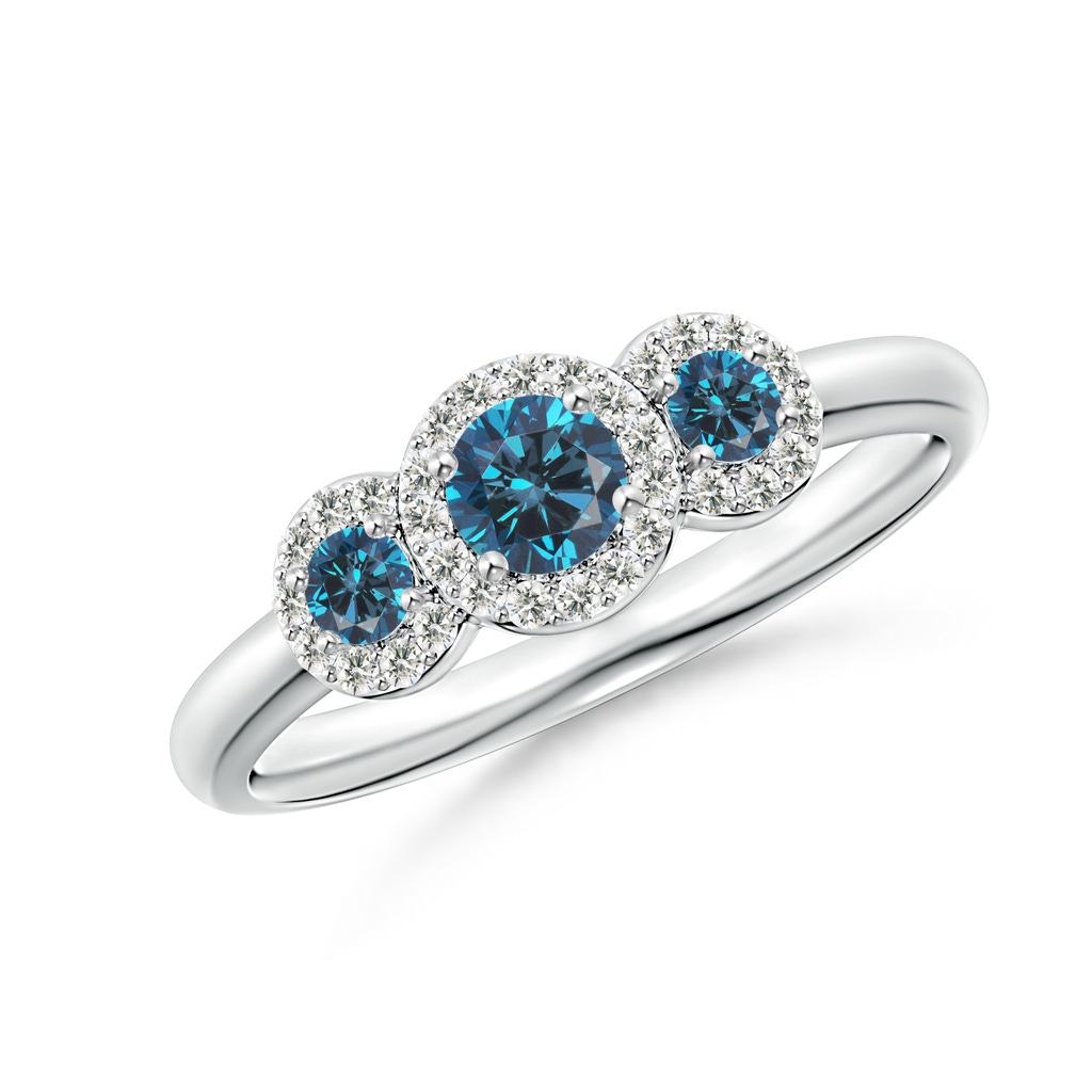 3.8mm AAA Three Stone Blue Diamond Engagement Ring with Halo in White Gold
