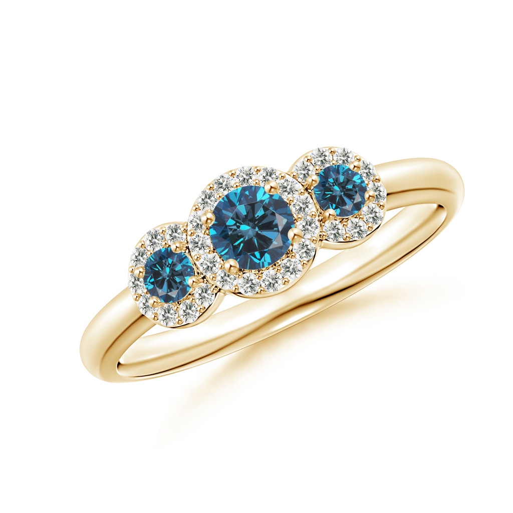 3.8mm AAA Three Stone Blue Diamond Engagement Ring with Halo in Yellow Gold