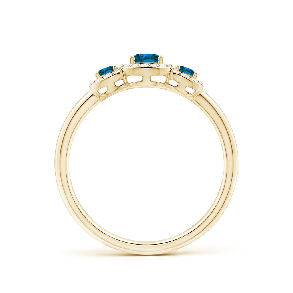 3.8mm AAA Three Stone Blue Diamond Engagement Ring with Halo in Yellow Gold Side 1