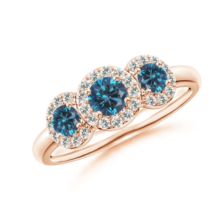 4.1mm AAA Three Stone Blue Diamond Engagement Ring with Halo in Rose Gold