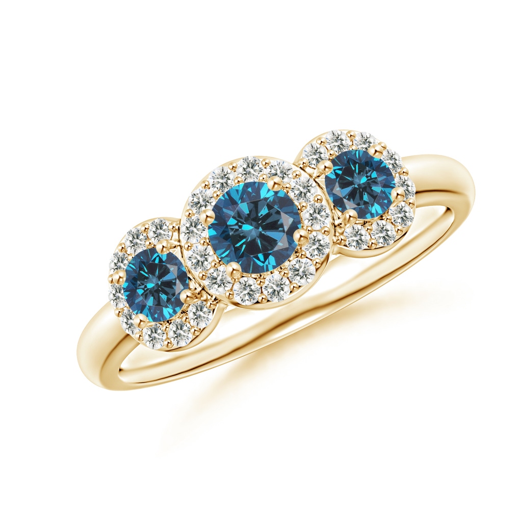 4.1mm AAA Three Stone Blue Diamond Engagement Ring with Halo in Yellow Gold
