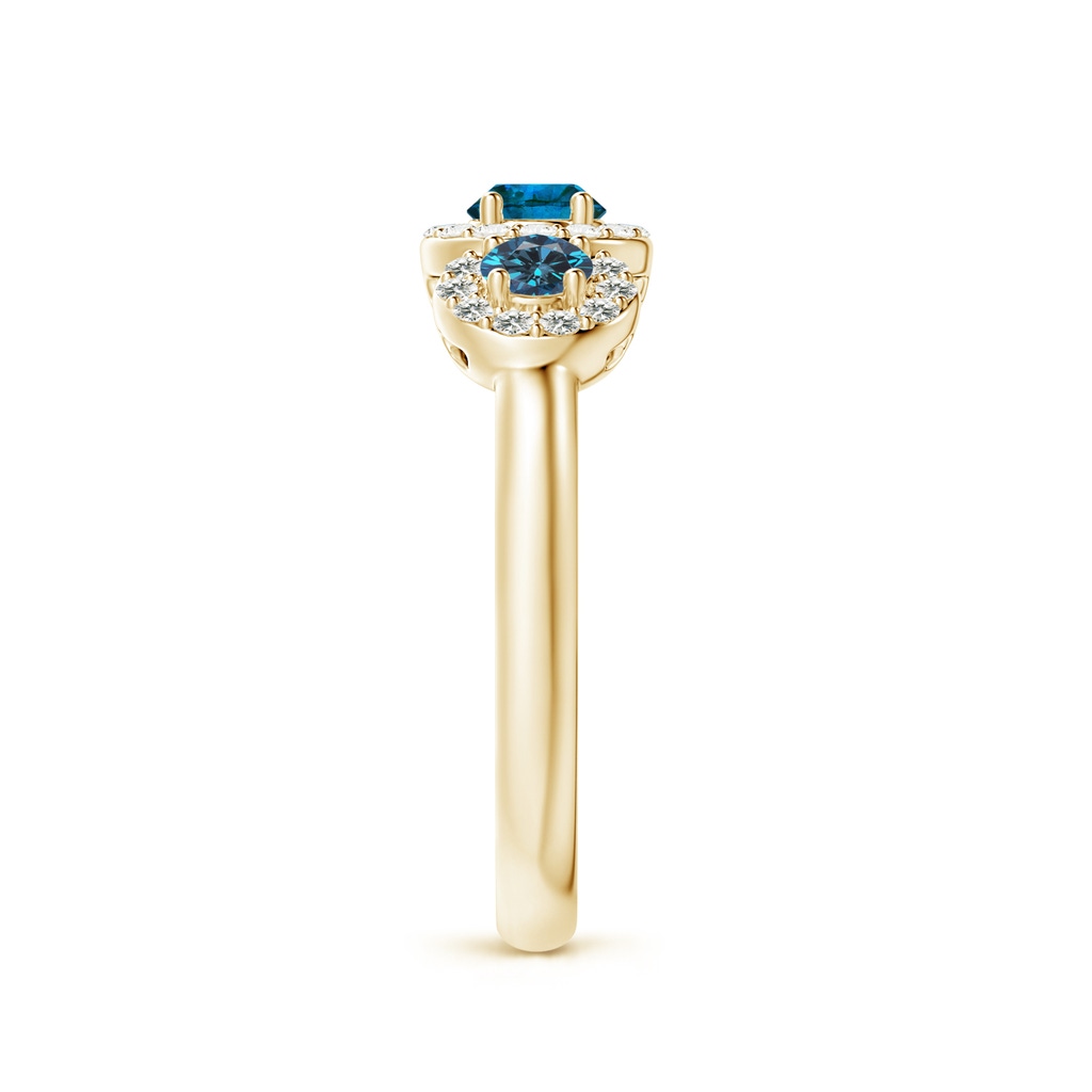 4.1mm AAA Three Stone Blue Diamond Engagement Ring with Halo in Yellow Gold Side 2