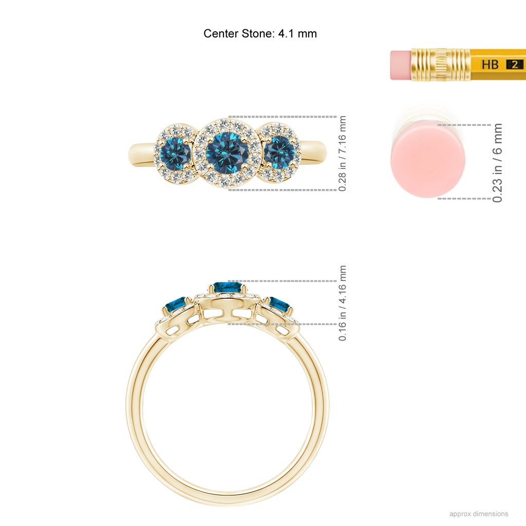 4.1mm AAA Three Stone Blue Diamond Engagement Ring with Halo in Yellow Gold Ruler