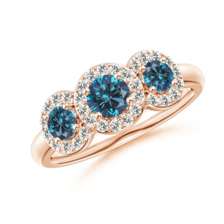 4.5mm AAA Three Stone Blue Diamond Engagement Ring with Halo in Rose Gold