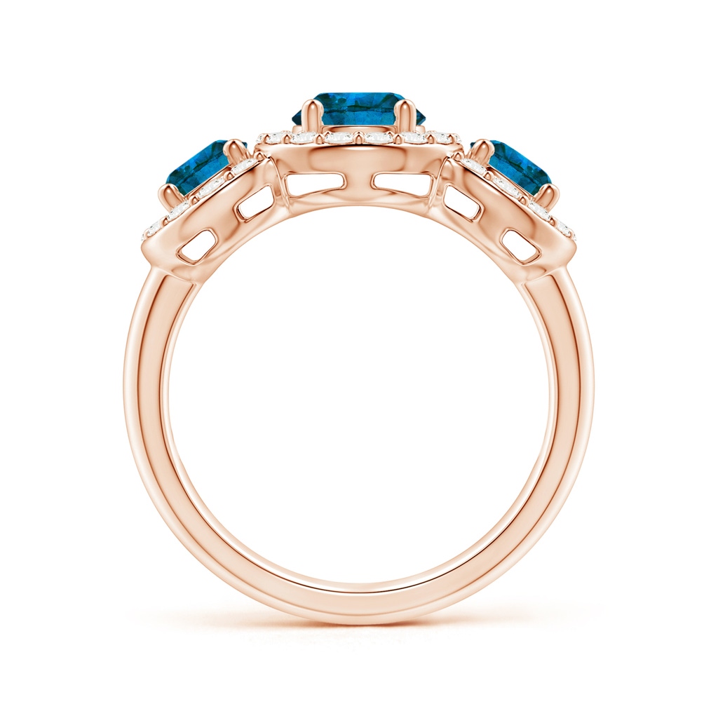 6mm AAA Three Stone Blue Diamond Engagement Ring with Halo in Rose Gold Side 1