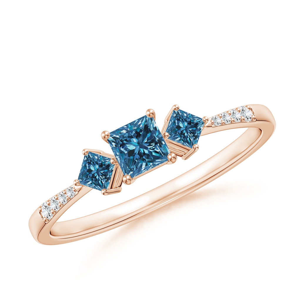 3.5mm AAA Three Stone Blue Diamond Engagement Ring in Rose Gold
