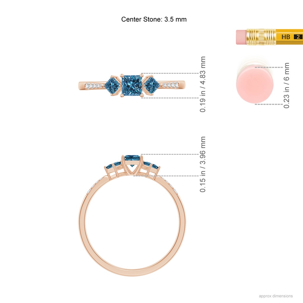 3.5mm AAA Three Stone Blue Diamond Engagement Ring in Rose Gold Ruler