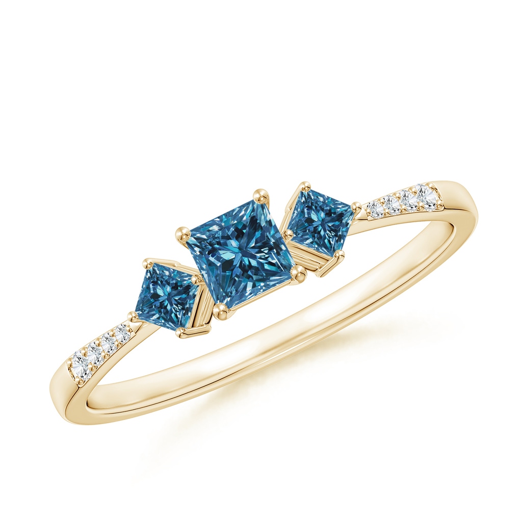 3.5mm AAA Three Stone Blue Diamond Engagement Ring in Yellow Gold