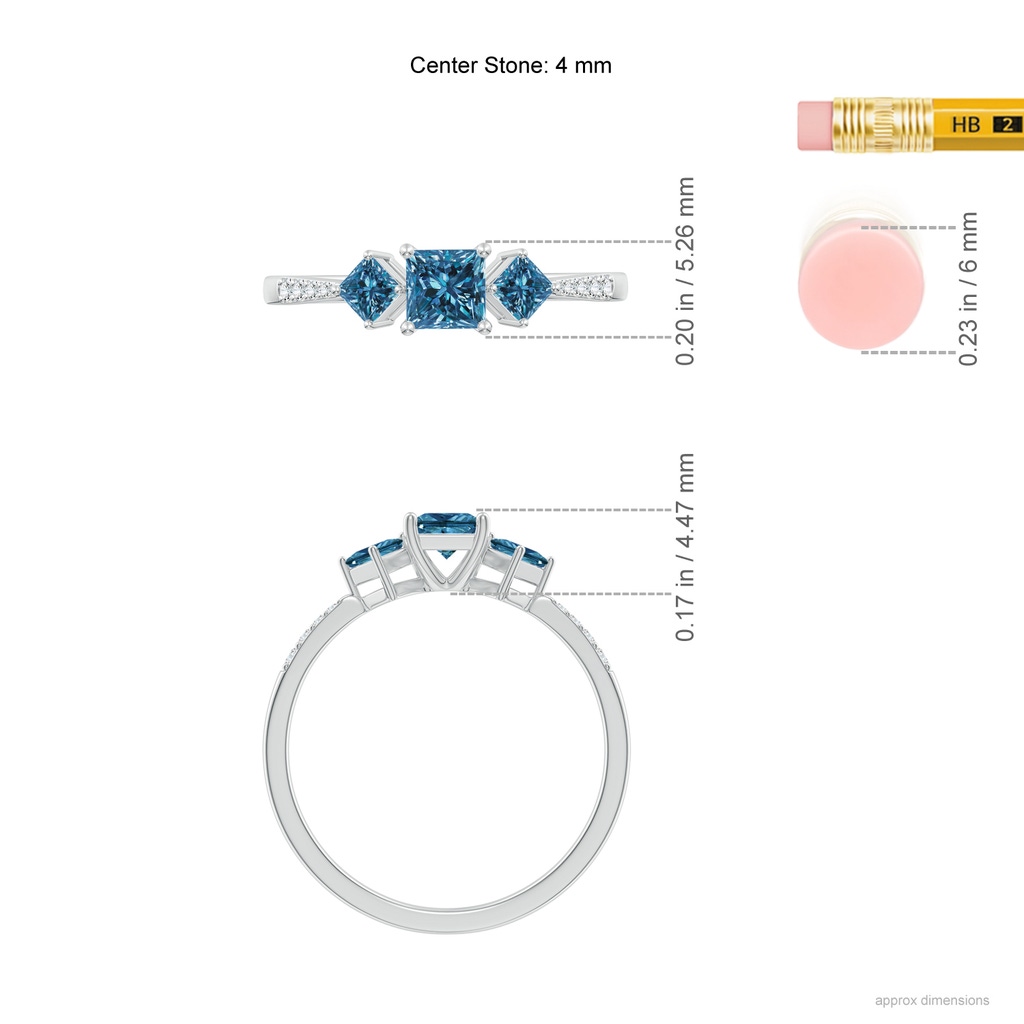 4mm AAA Three Stone Blue Diamond Engagement Ring in White Gold Ruler