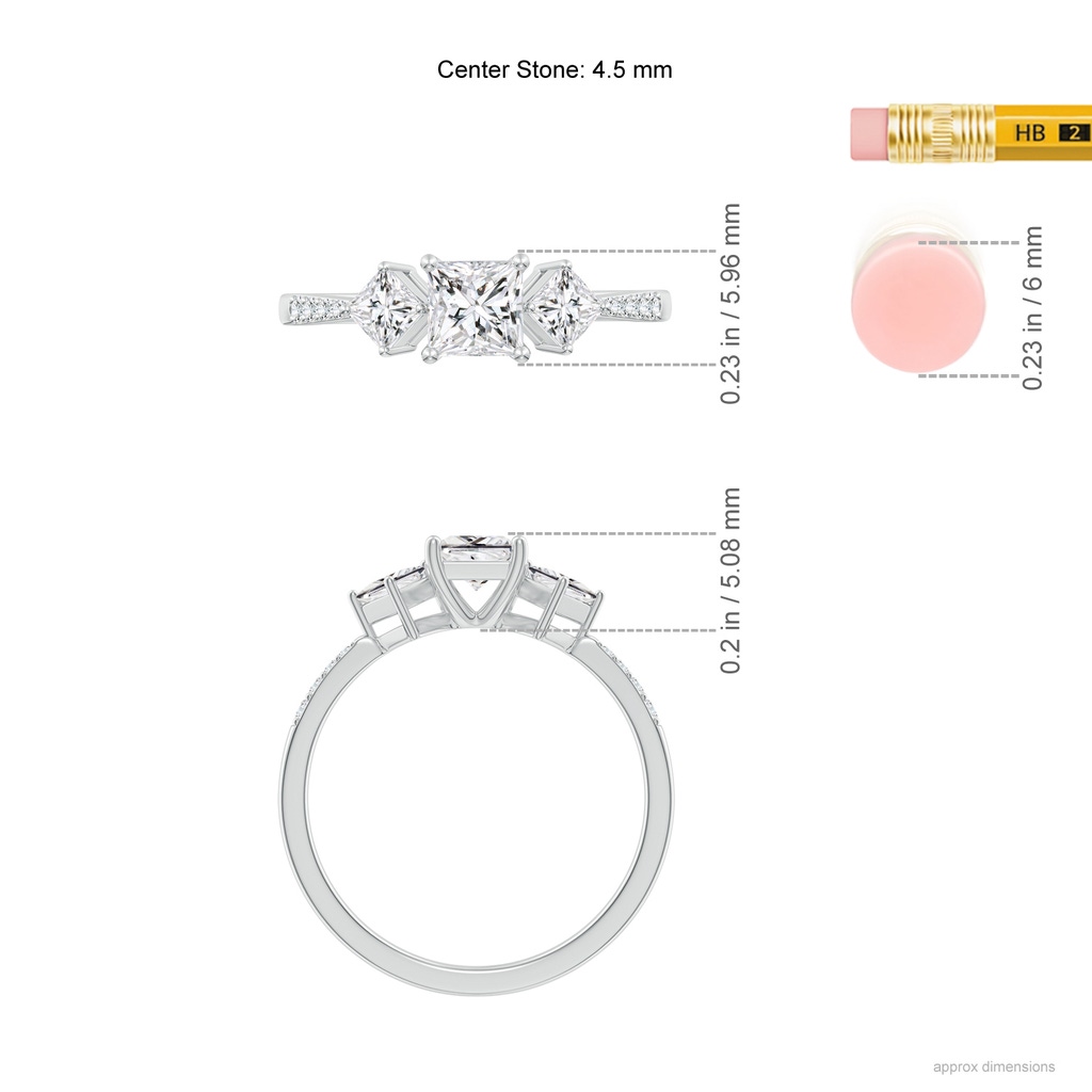 4.5mm HSI2 Three Stone Diamond Engagement Ring in White Gold Ruler