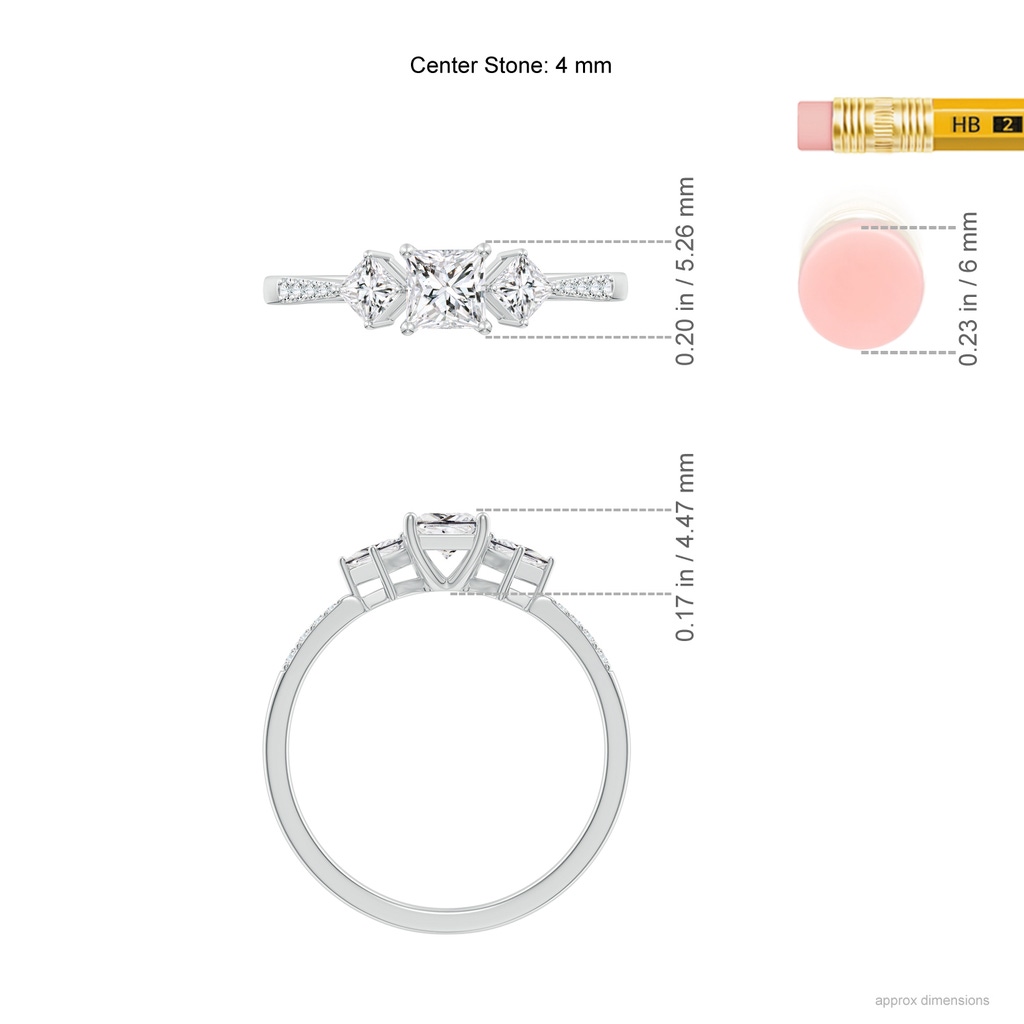 4mm HSI2 Three Stone Diamond Engagement Ring in White Gold Ruler