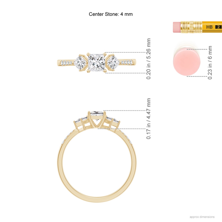4mm HSI2 Three Stone Diamond Engagement Ring in Yellow Gold Ruler