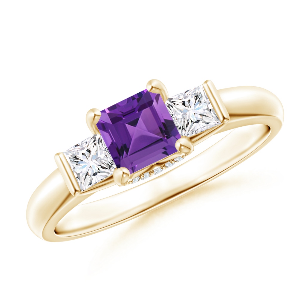 5mm AAAA Classic Square Amethyst and Diamond Engagement Ring in Yellow Gold
