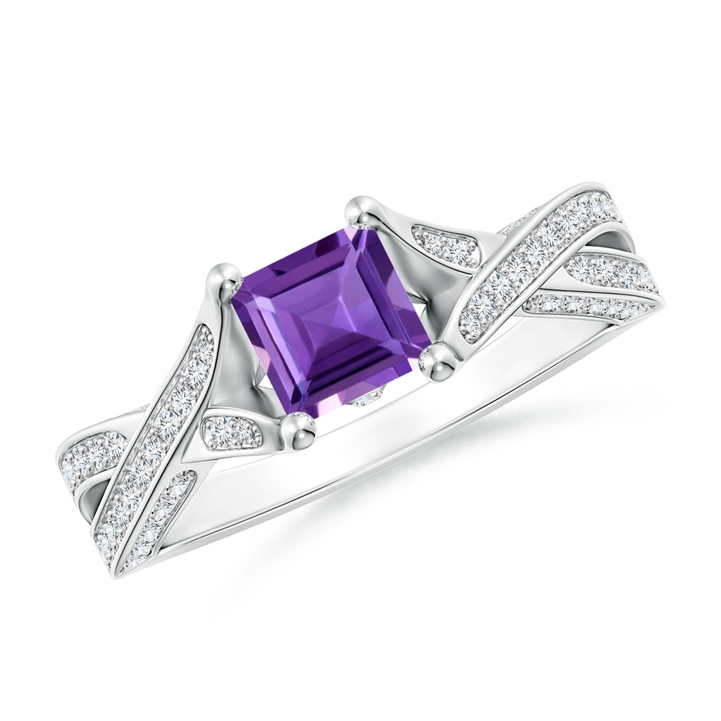 5mm AAA Square Amethyst Solitaire Crossover Engagement Ring in White Gold