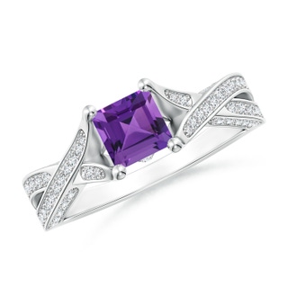 5mm AAAA Square Amethyst Solitaire Crossover Engagement Ring in P950 Platinum