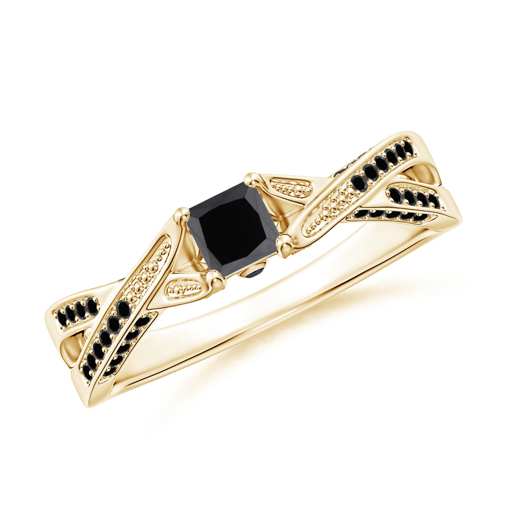 3.5mm AA Princess-Cut Black Diamond Crossover Engagement Ring in Yellow Gold