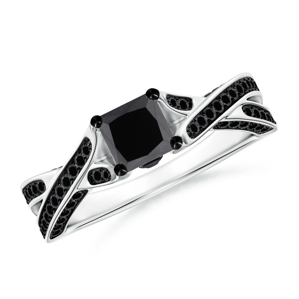 4.8mm AA Princess-Cut Black Diamond Crossover Engagement Ring in White Gold