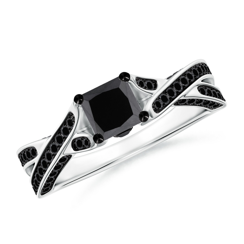 4.8mm AA Princess-Cut Black Diamond Crossover Engagement Ring in White Gold 