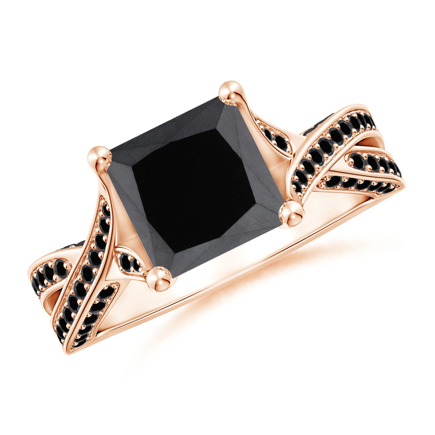 7.5mm AA Princess-Cut Black Diamond Crossover Engagement Ring in Rose Gold