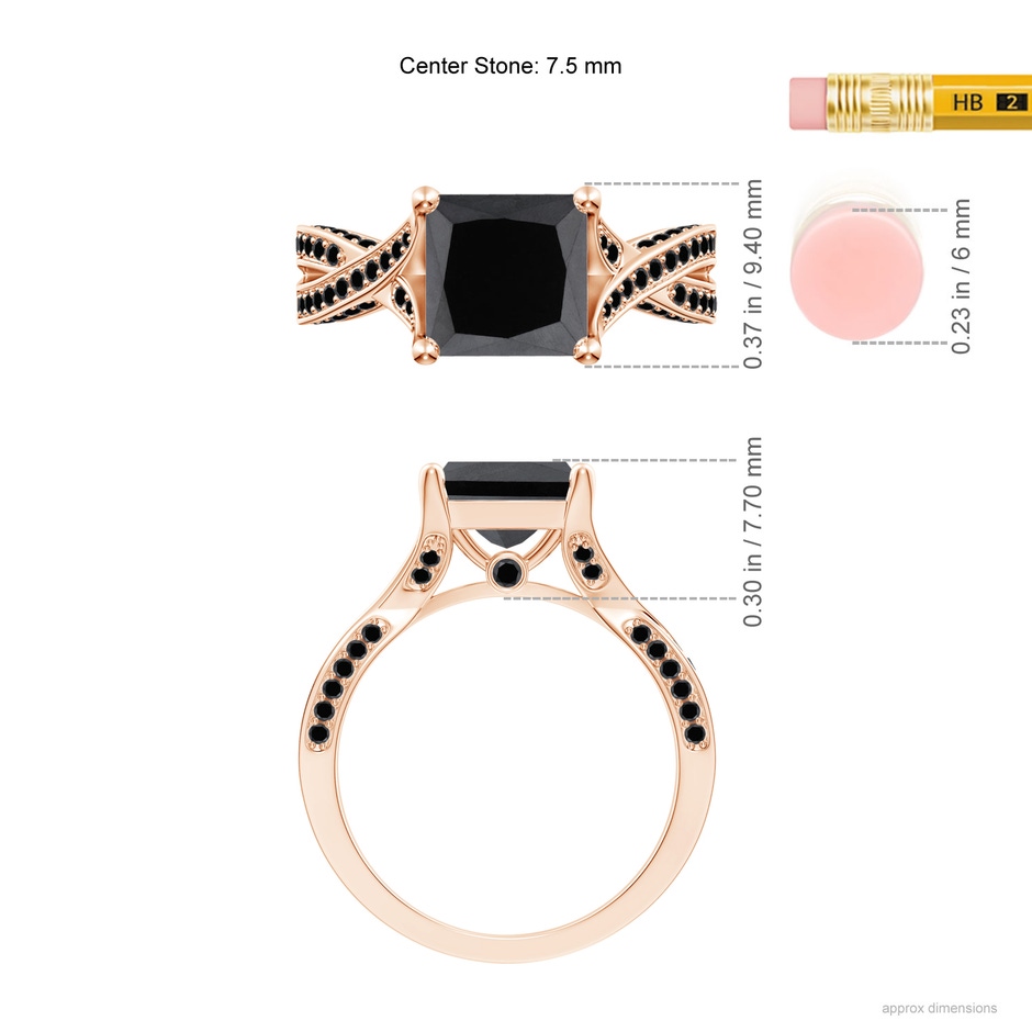 7.5mm AA Princess-Cut Black Diamond Crossover Engagement Ring in Rose Gold ruler