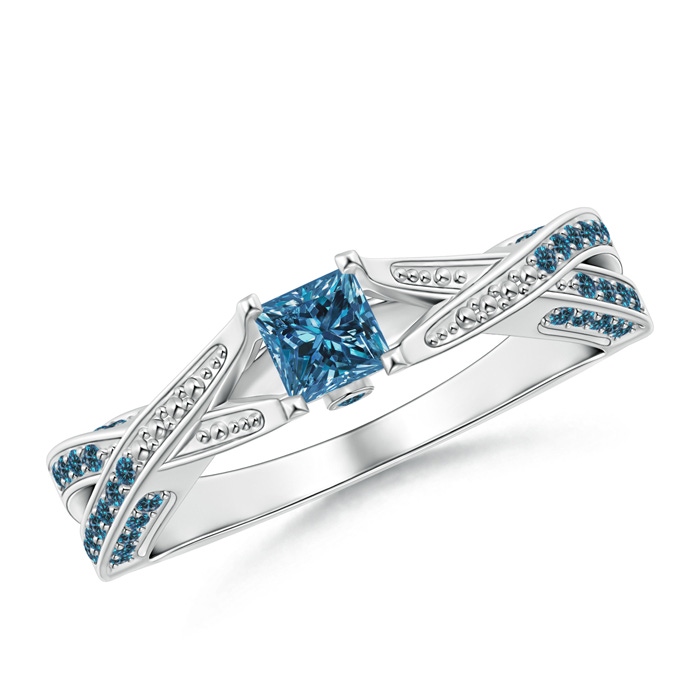 3.5mm AAA Princess-Cut Enhanced Blue Diamond Crossover Engagement Ring in White Gold