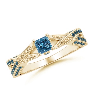 3.5mm AAA Princess-Cut Enhanced Blue Diamond Crossover Engagement Ring in Yellow Gold