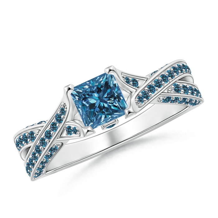 4.8mm AAA Princess-Cut Enhanced Blue Diamond Crossover Engagement Ring in P950 Platinum