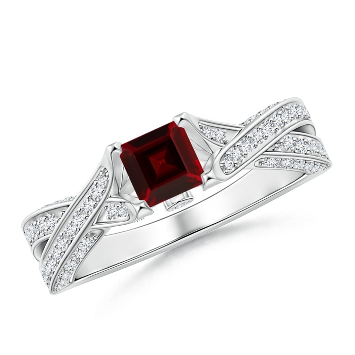 5mm AAA Square Garnet Solitaire Crossover Engagement Ring in White Gold