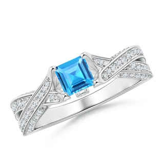 5mm AAAA Square Swiss Blue Topaz Solitaire Crossover Engagement Ring in White Gold