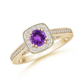 5mm AAA Round Amethyst Cushion Halo Ring with Milgrain in 10K Yellow Gold