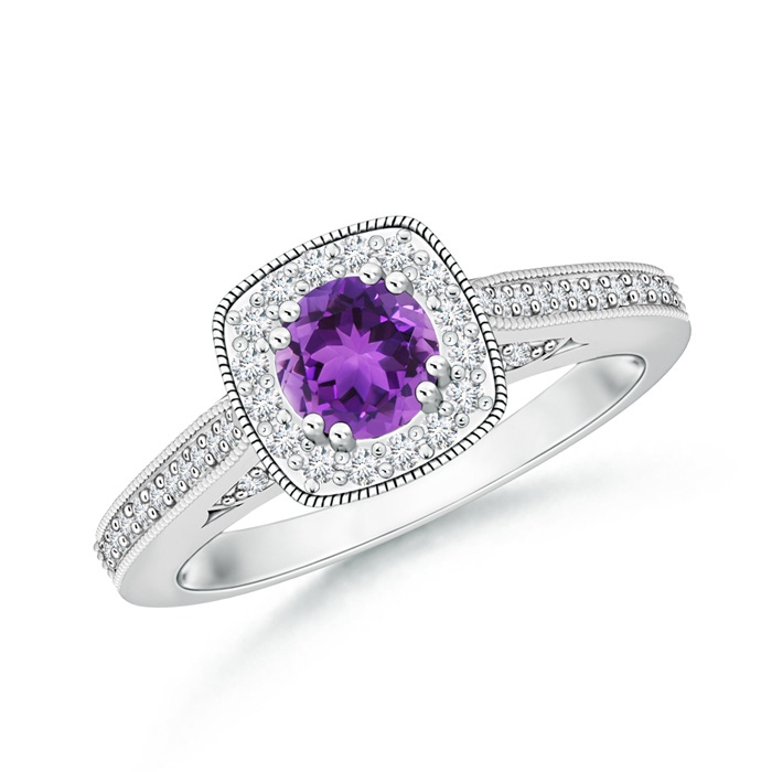 5mm AAA Round Amethyst Cushion Halo Ring with Milgrain in White Gold