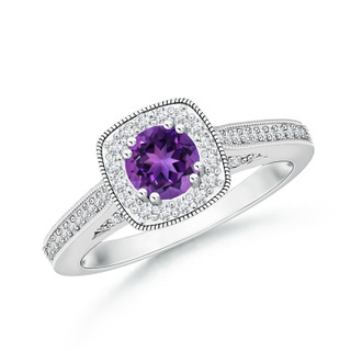 5mm AAAA Round Amethyst Cushion Halo Ring with Milgrain in White Gold