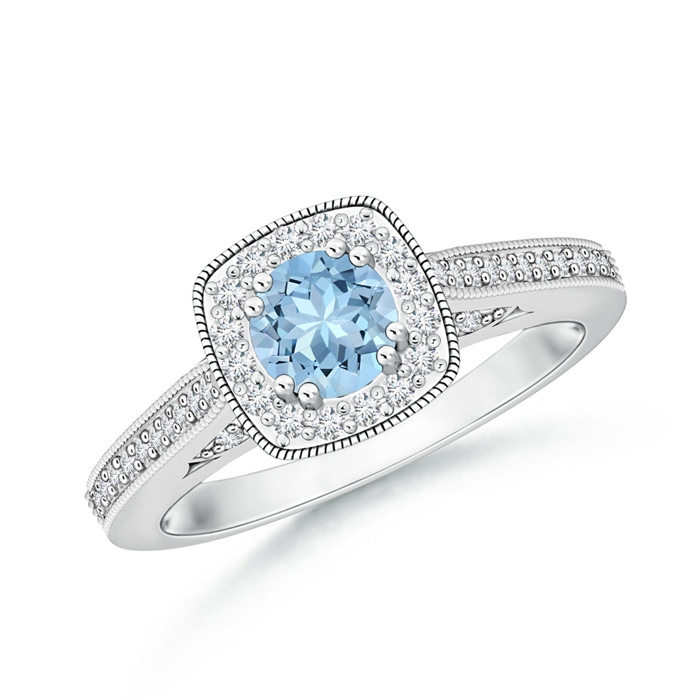 5mm AAA Round Aquamarine Cushion Halo Ring with Milgrain in White Gold