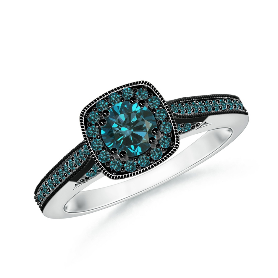 4.5mm AA Round Blue Diamond Cushion Halo Ring with Milgrain in White Gold 