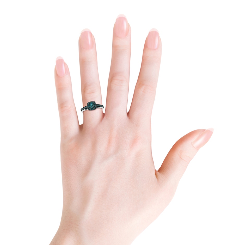 4.5mm AA Round Blue Diamond Cushion Halo Ring with Milgrain in White Gold body-hand