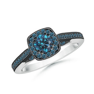 4.5mm AAA Round Blue Diamond Cushion Halo Ring with Milgrain in 9K White Gold